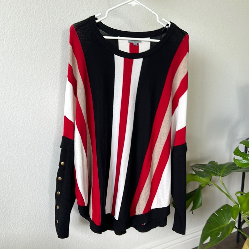 Joseph A. Neutral Stripe Dolman Sleeve ladies Sweater (L) Black/Red/White/Beige